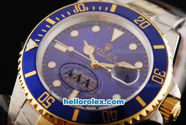 Rolex Submariner Swiss ETA 2836 Automatic Movement Steel Case with Blue Dial and Blue Bezel-Two Tone Strap - Click Image to Close
